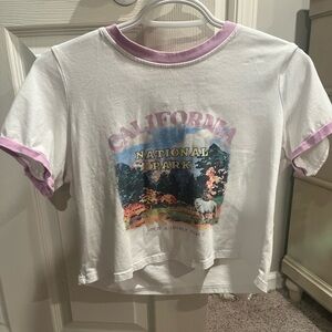 SHEIN White and Purple Crop Top with Scenic Graphic